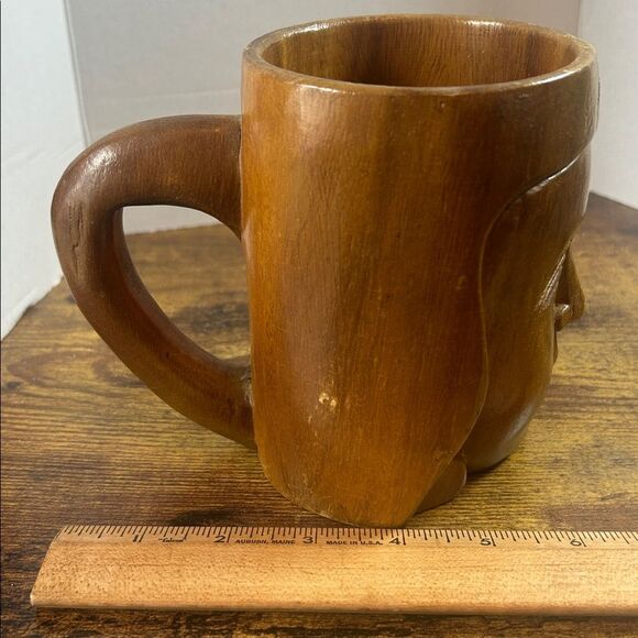 Tiki Type Inspired Wooden Carved Mug Boho Tribal Face Handle Vintage Bar Cup Mug - Picture 7 of 12